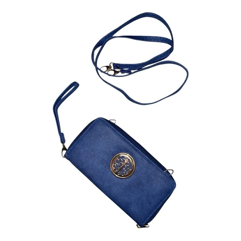 DASEIN Large Wallet Crossbody Bag &  Strap Wristlet Dark Blue Gold Tone Hardware